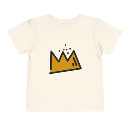 Beige t-shirt with a black and gold crown design on a white background
