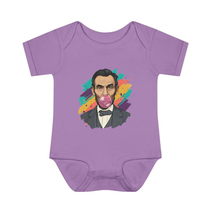 Purple baby onesie with a colorful graphic of a historical figure on a white background
