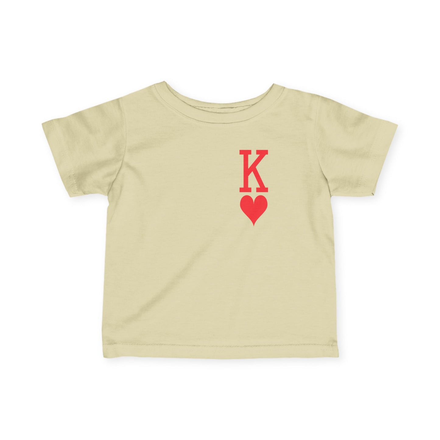 Beige t-shirt with a red heart and letter 'K' design on a white background