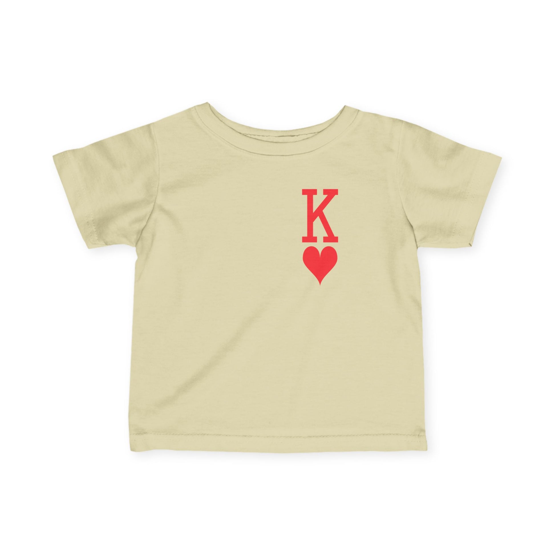 Beige t-shirt with a red heart and letter 'K' design on a white background