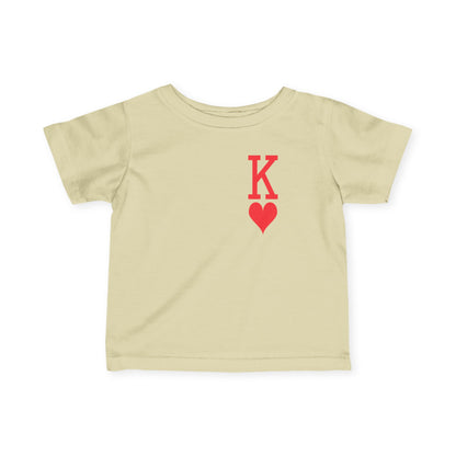 Beige t-shirt with a red heart and letter 'K' design on a white background