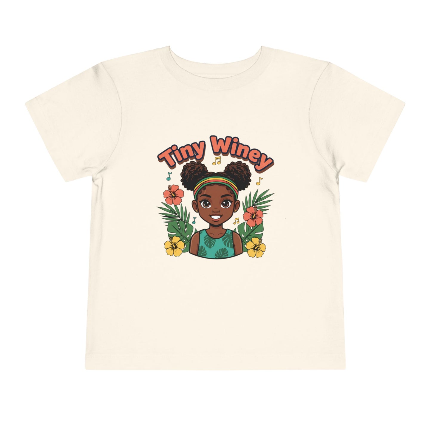 Beige t-shirt with a graphic of a girl and 'Tiny Winey' text on a white background