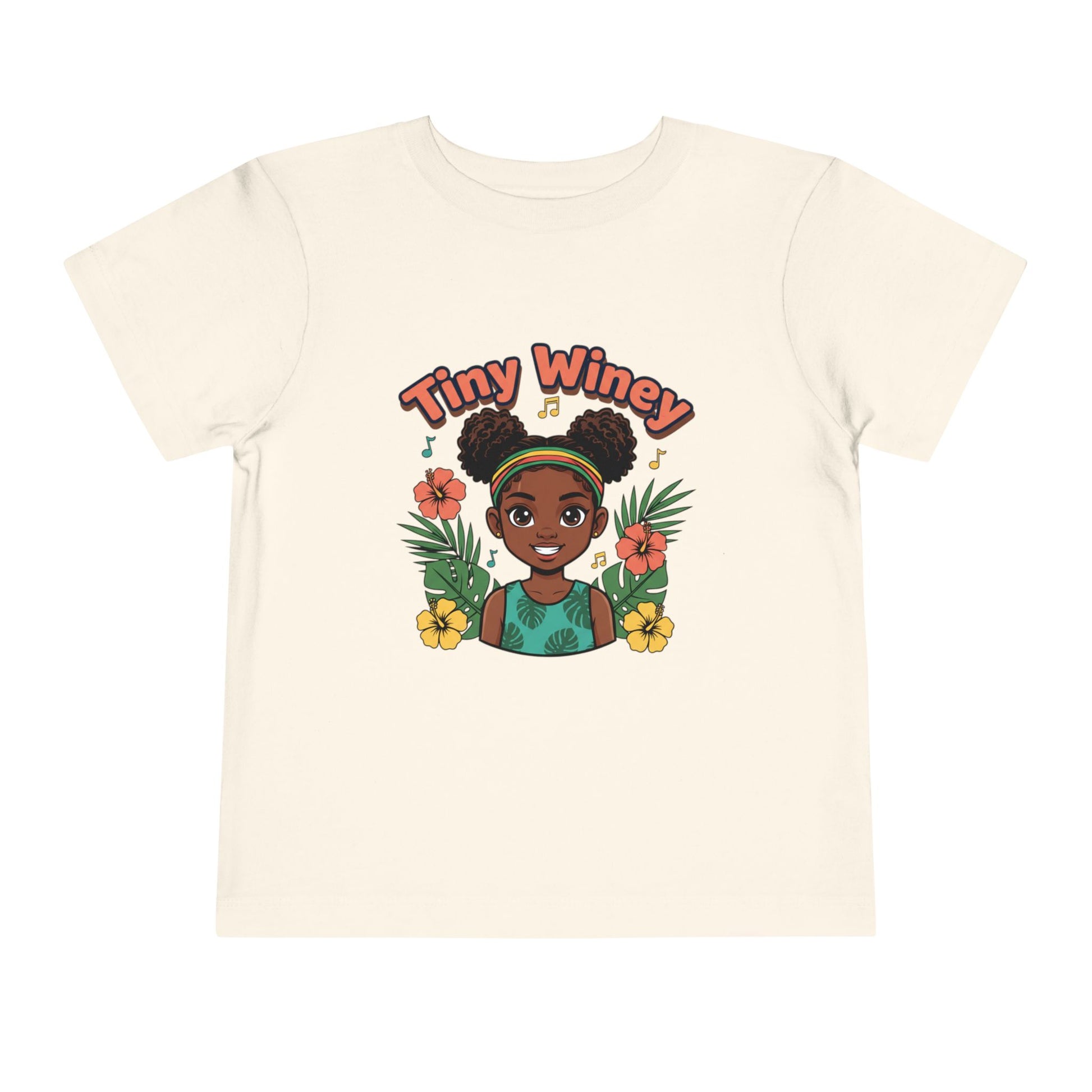 Beige t-shirt with a graphic of a girl and 'Tiny Winey' text on a white background