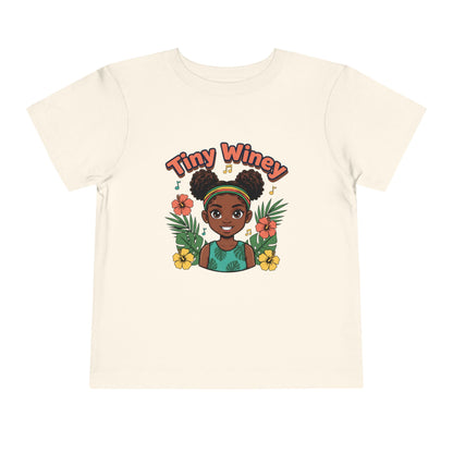 Beige t-shirt with a graphic of a girl and 'Tiny Winey' text on a white background