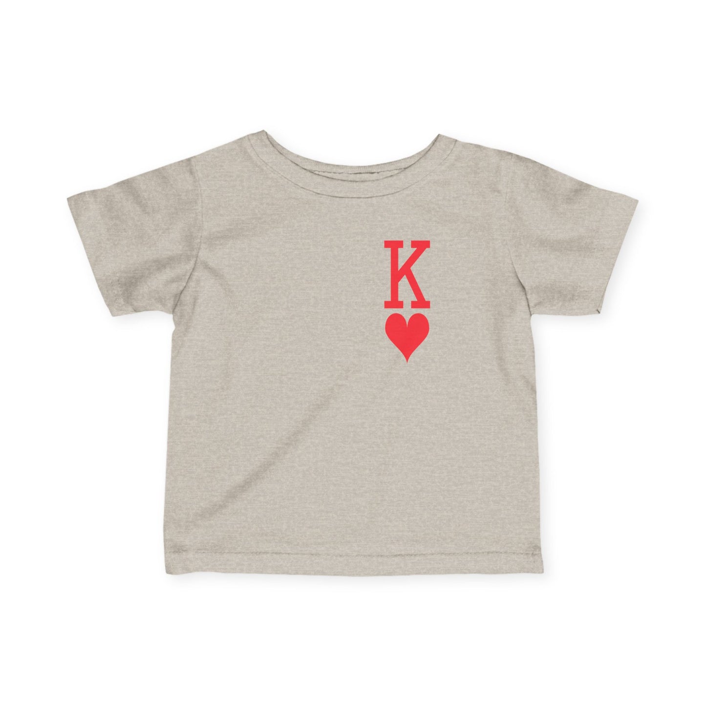 Beige t-shirt with a red heart and 'K' design on a white background