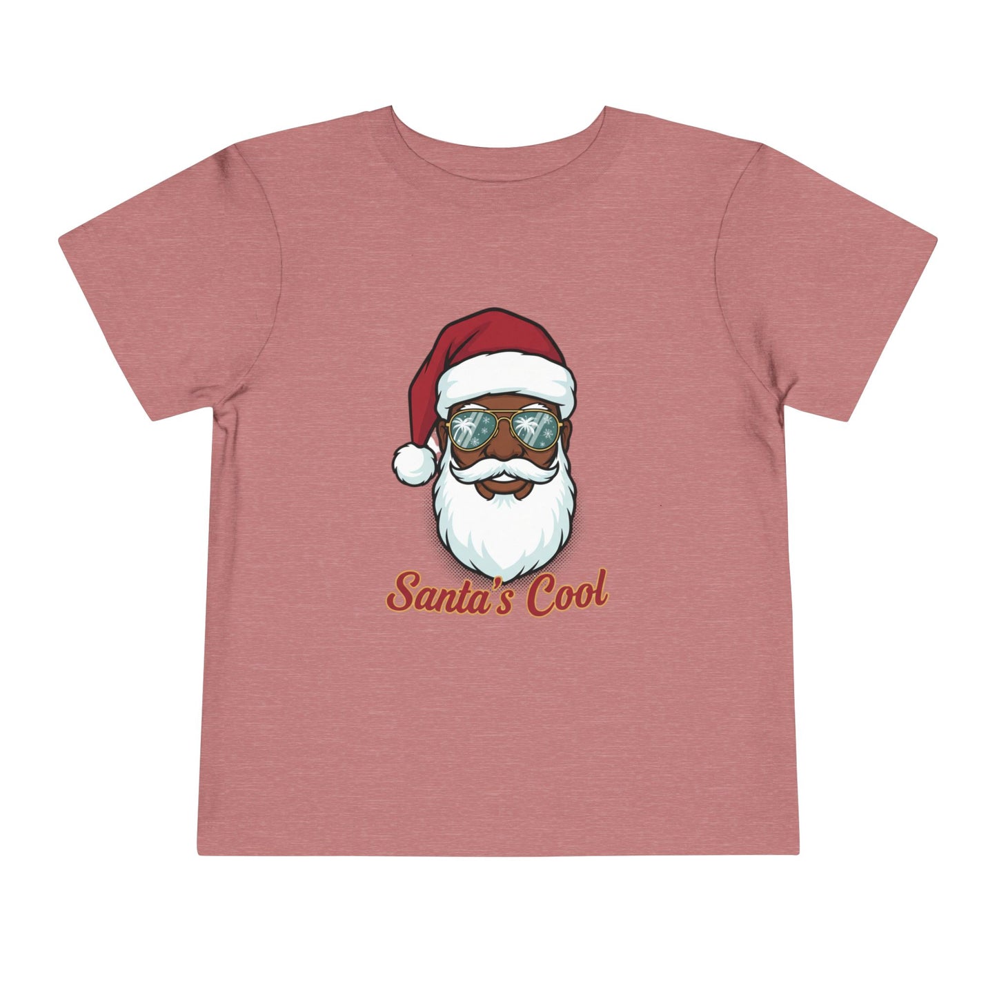 Pink t-shirt with a graphic of a Santa Claus face wearing sunglasses and the text 'Santa's Cool' on a white background.