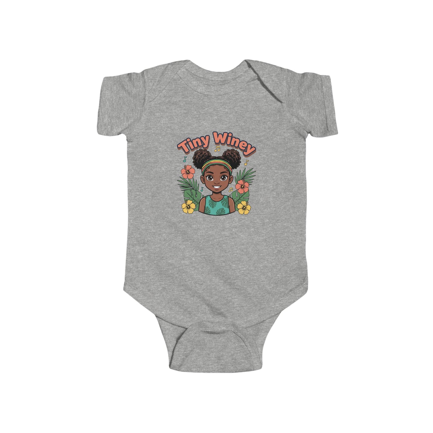 Gray baby onesie with 'Tiny Winey' graphic on a white background