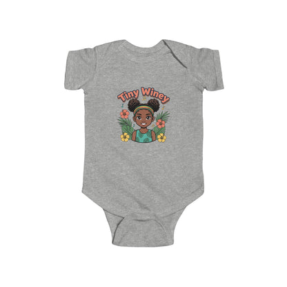 Gray baby onesie with 'Tiny Winey' graphic on a white background