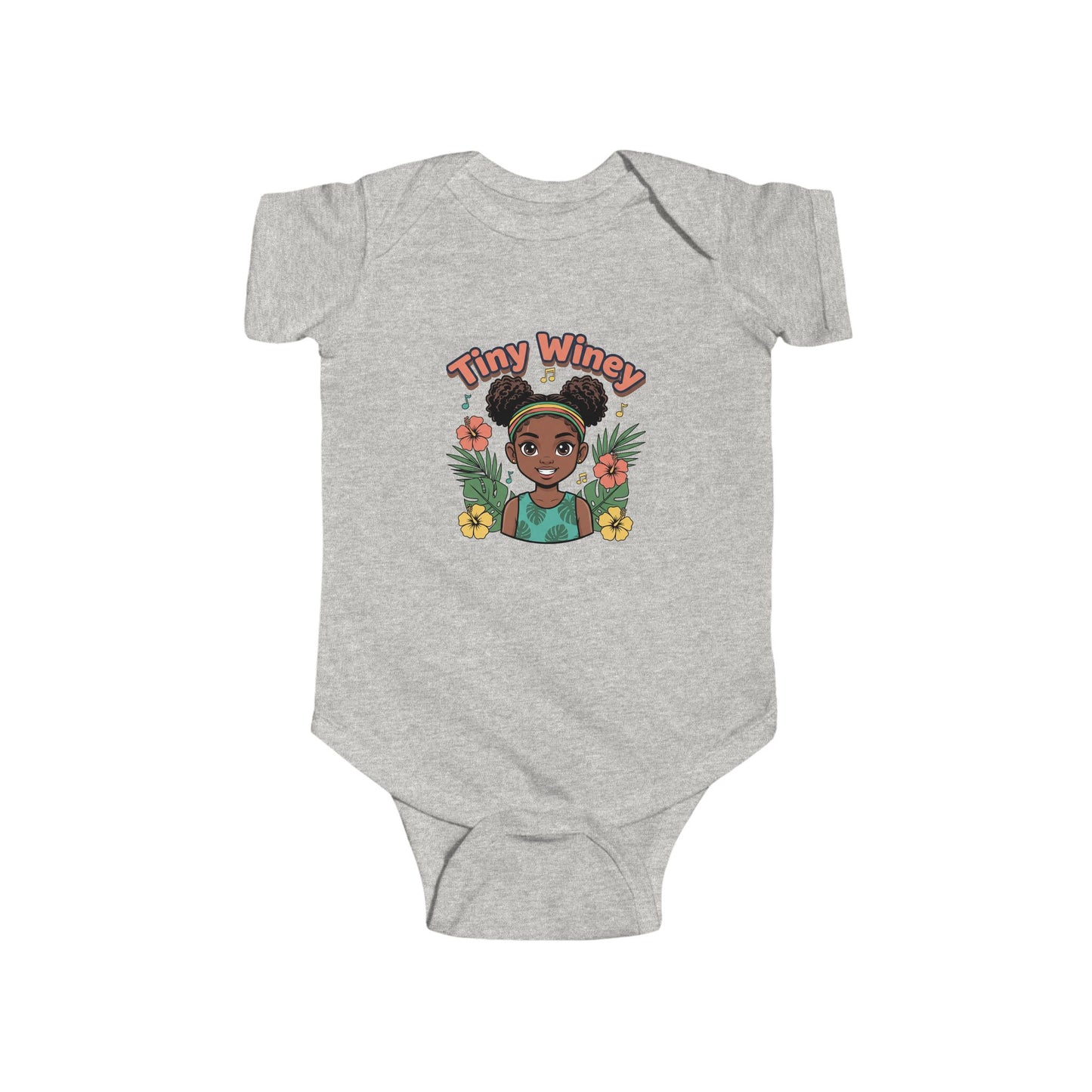 Gray baby onesie with 'Tiny Winey' graphic on a white background