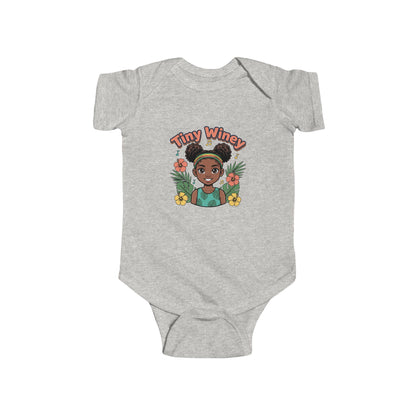 Gray baby onesie with 'Tiny Winey' graphic on a white background