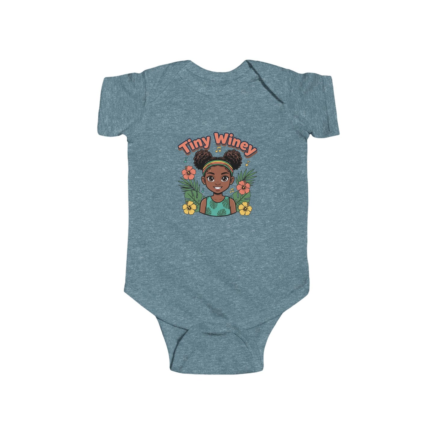 Blue baby onesie with 'Tiny Winey' design on a white background
