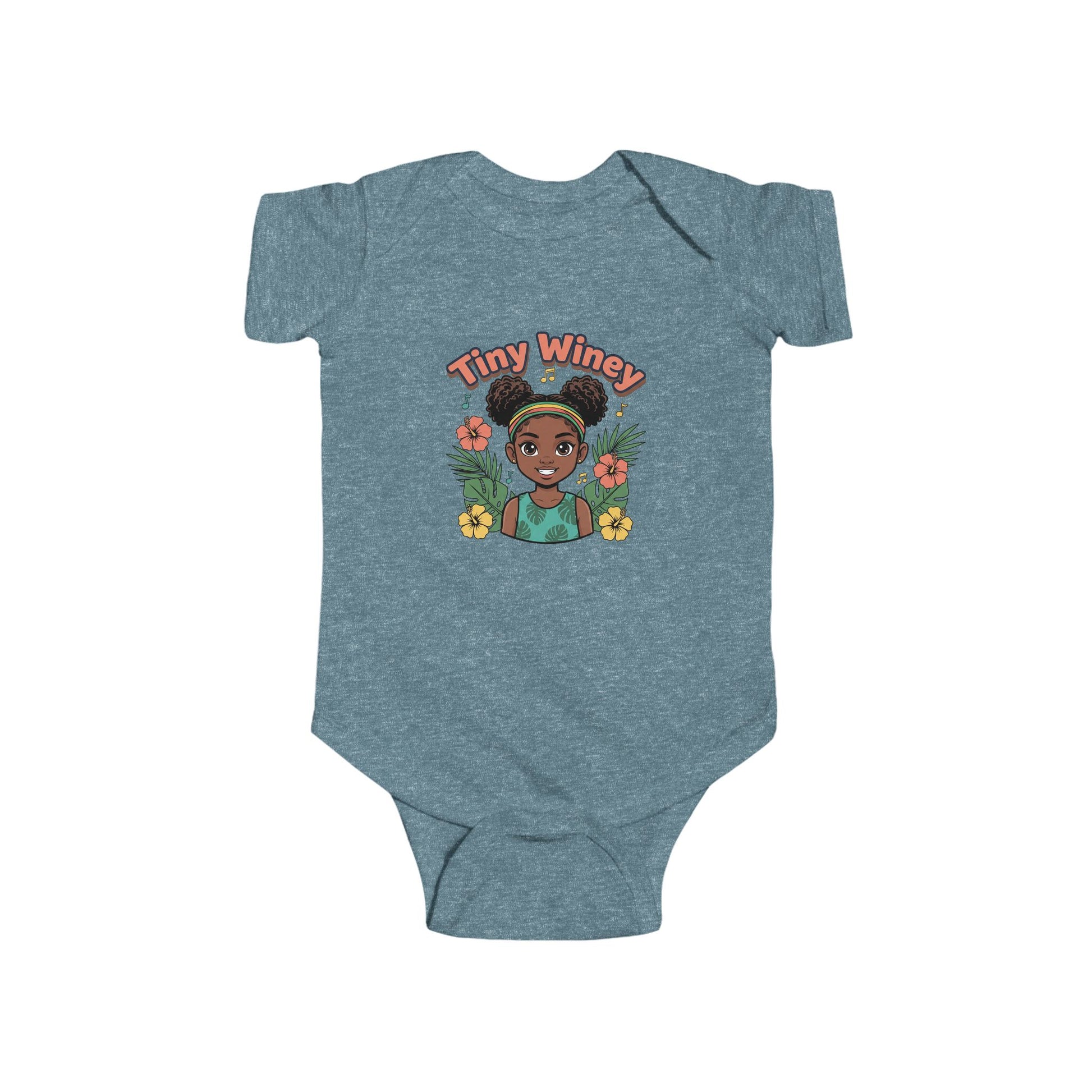 Blue baby onesie with 'Tiny Winey' design on a white background