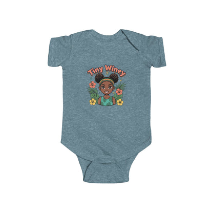 Blue baby onesie with 'Tiny Winey' design on a white background