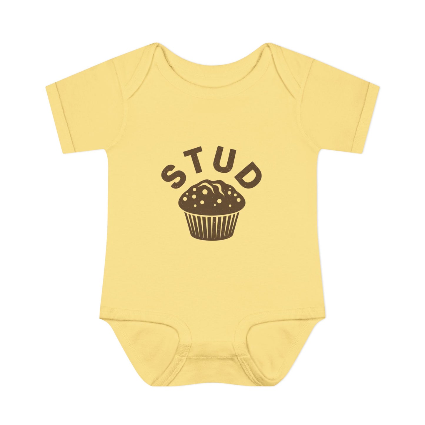 Yellow baby onesie with 'STUD' and a muffin graphic on a white background