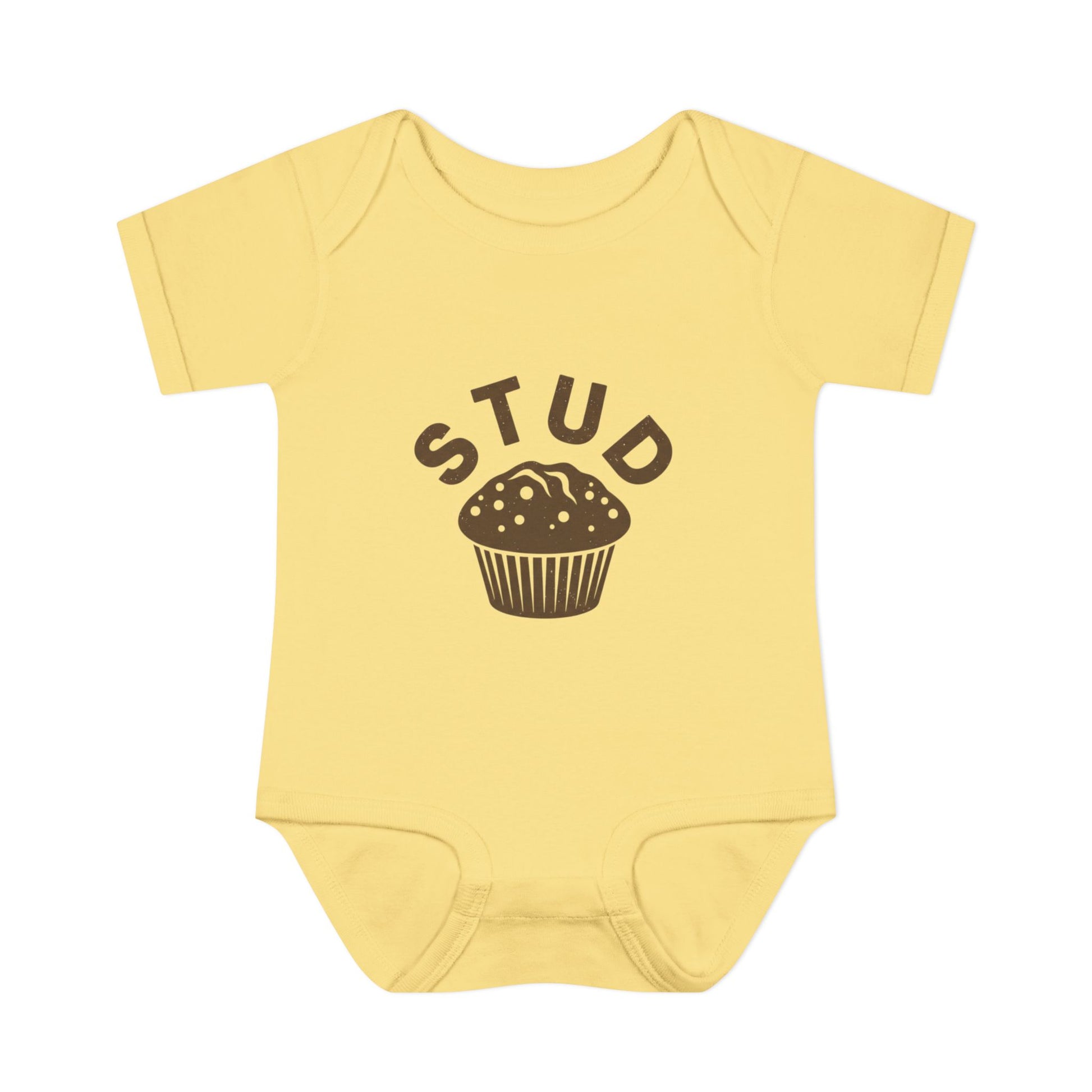 Yellow baby onesie with 'STUD' and a muffin graphic on a white background