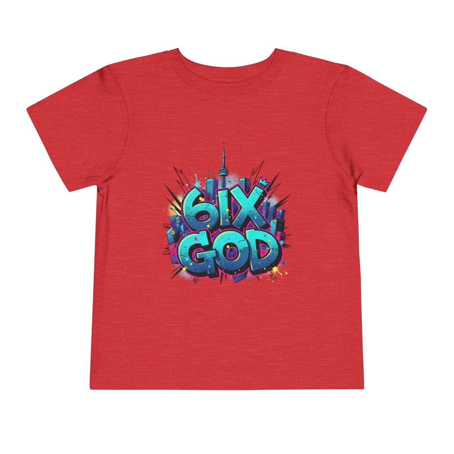 Red t-shirt with colorful '6ix God' graphic design on a white background