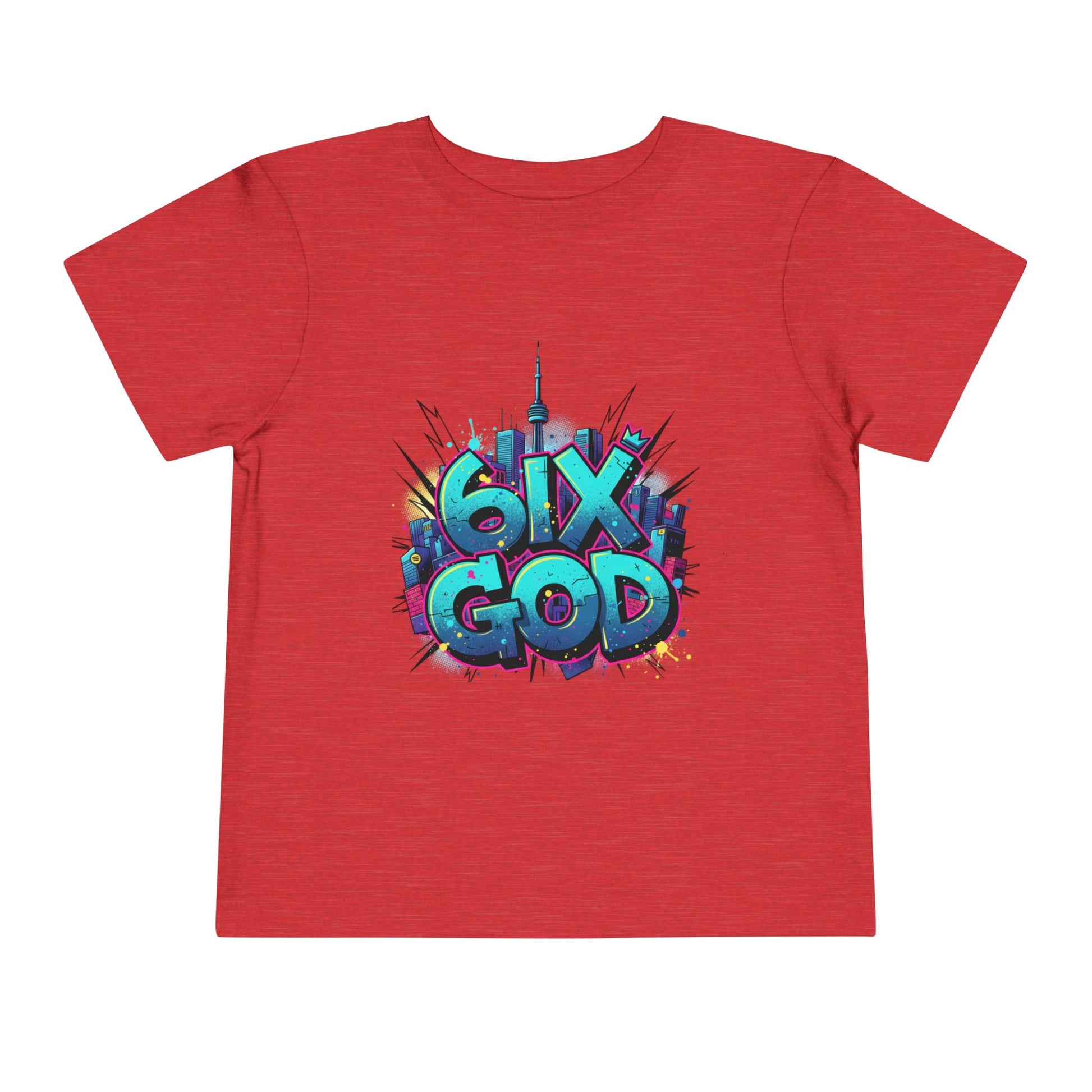 Red t-shirt with colorful '6ix God' graphic design on a white background