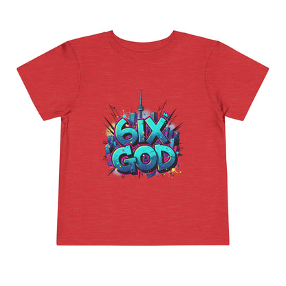 Red t-shirt with colorful '6ix God' graphic design on a white background