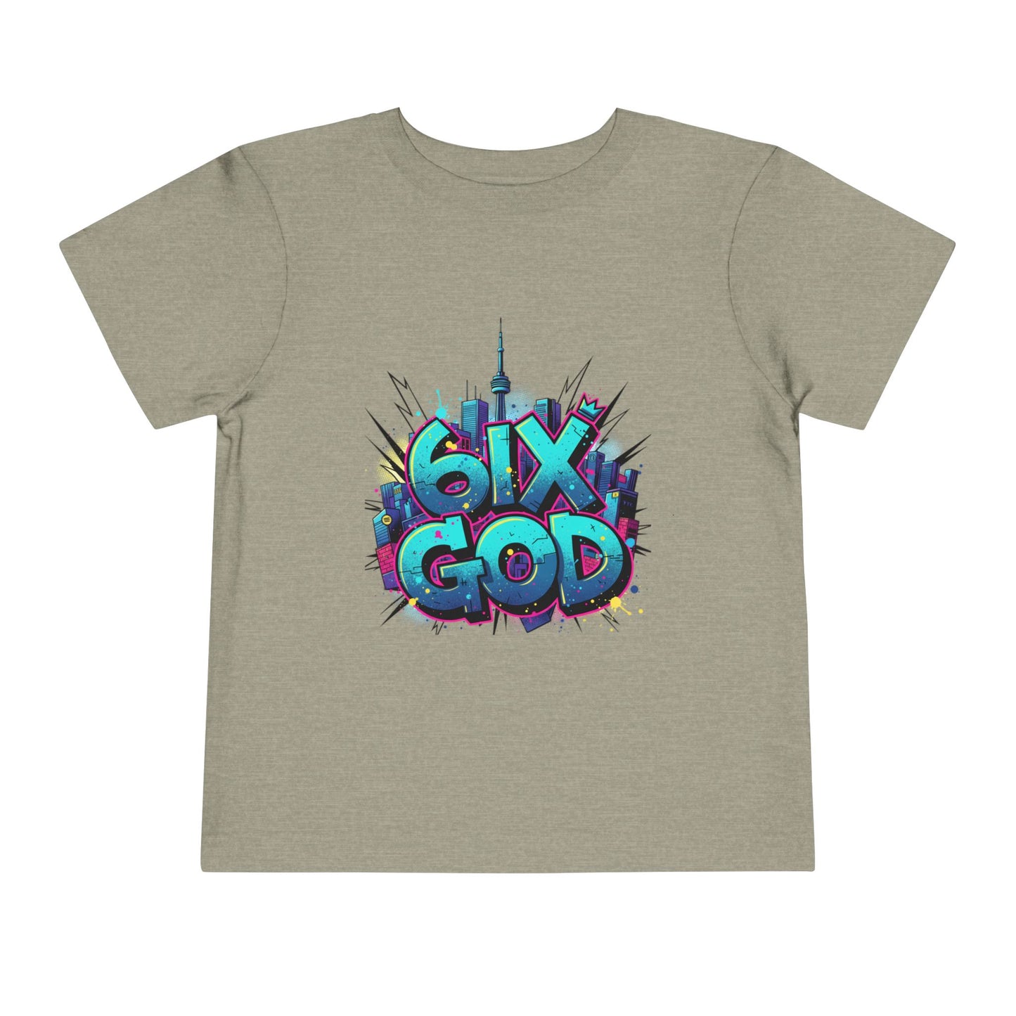 Beige t-shirt with colorful '6IX GOD' graphic design on a white background