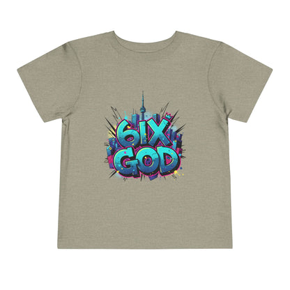 Beige t-shirt with colorful '6IX GOD' graphic design on a white background
