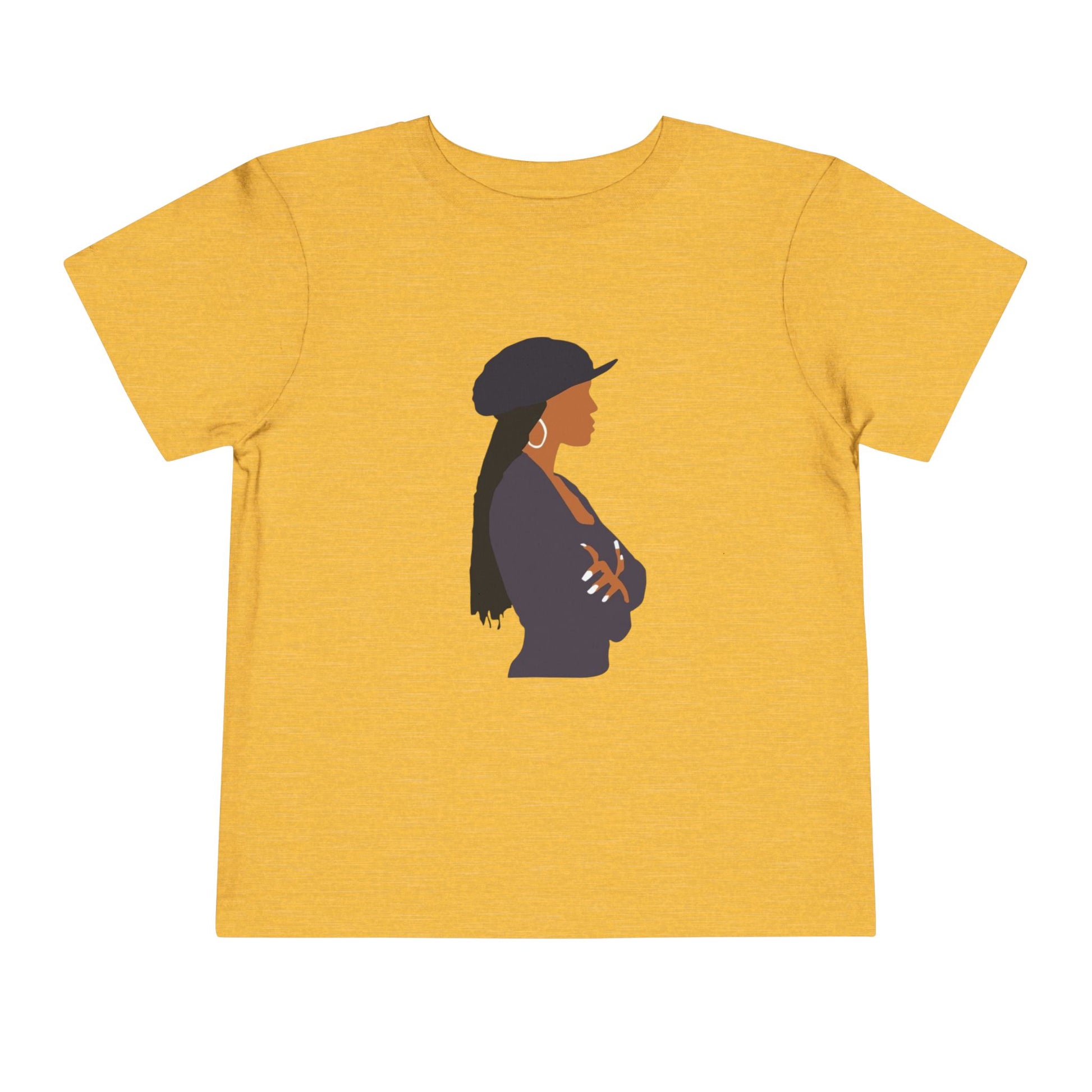 Yellow t-shirt with a silhouette of a person wearing a hat on a white background