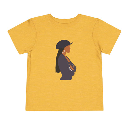 Yellow t-shirt with a silhouette of a person wearing a hat on a white background