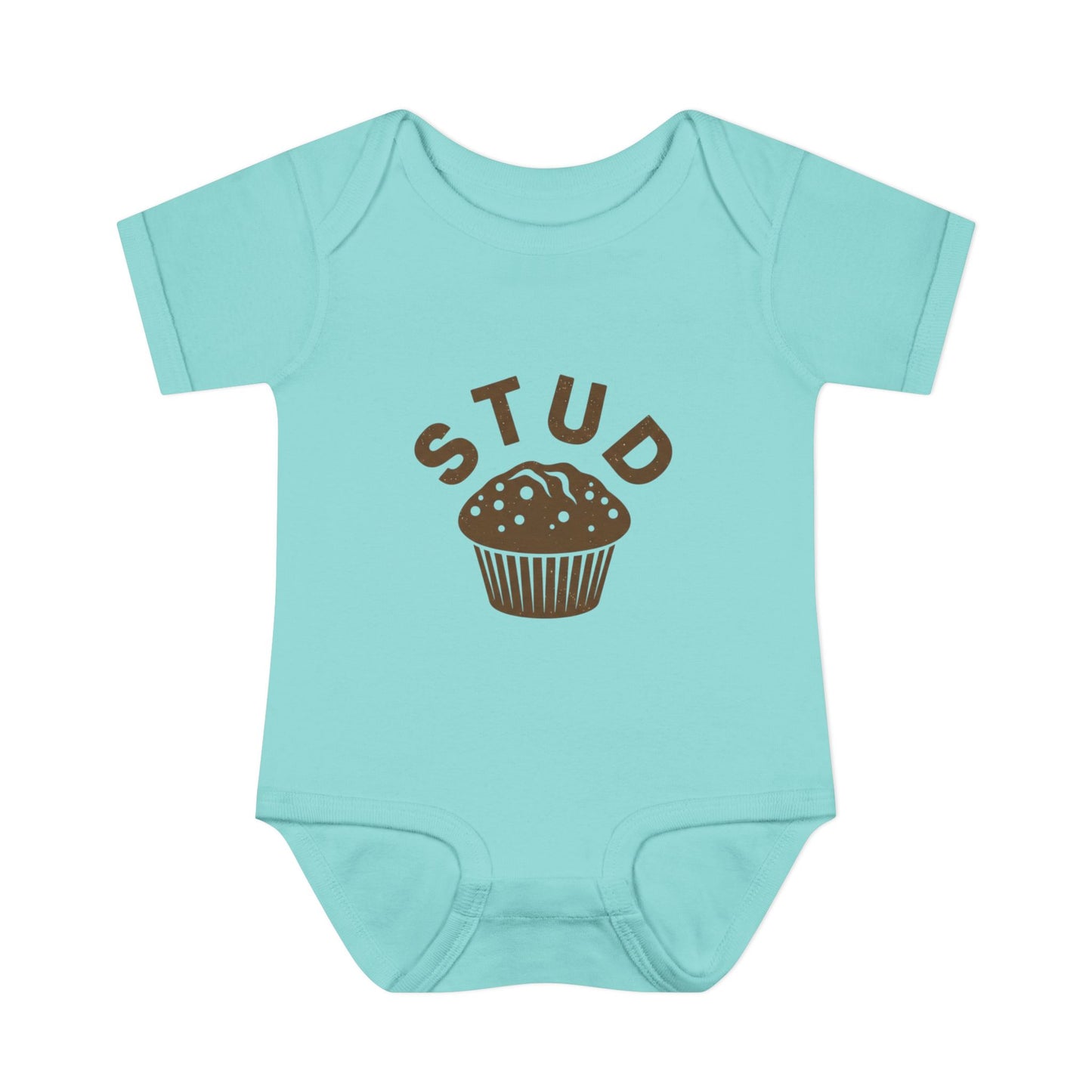 Light blue baby onesie with brown 'STUD' and cupcake graphic on a white background