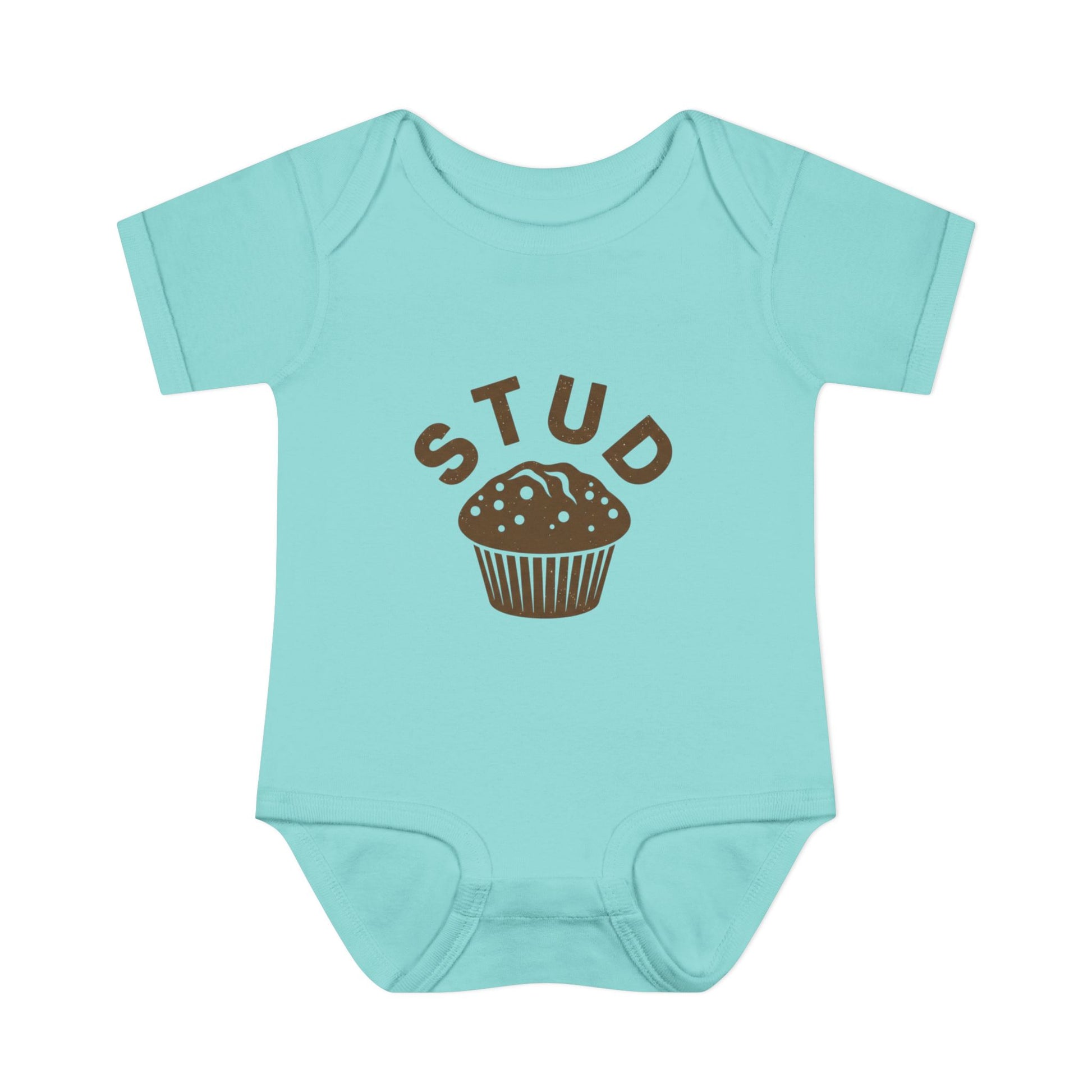 Light blue baby onesie with brown 'STUD' and cupcake graphic on a white background