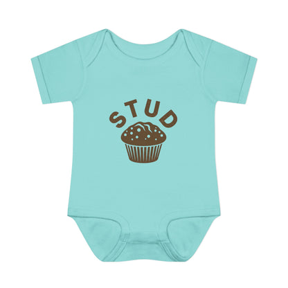Light blue baby onesie with brown 'STUD' and cupcake graphic on a white background