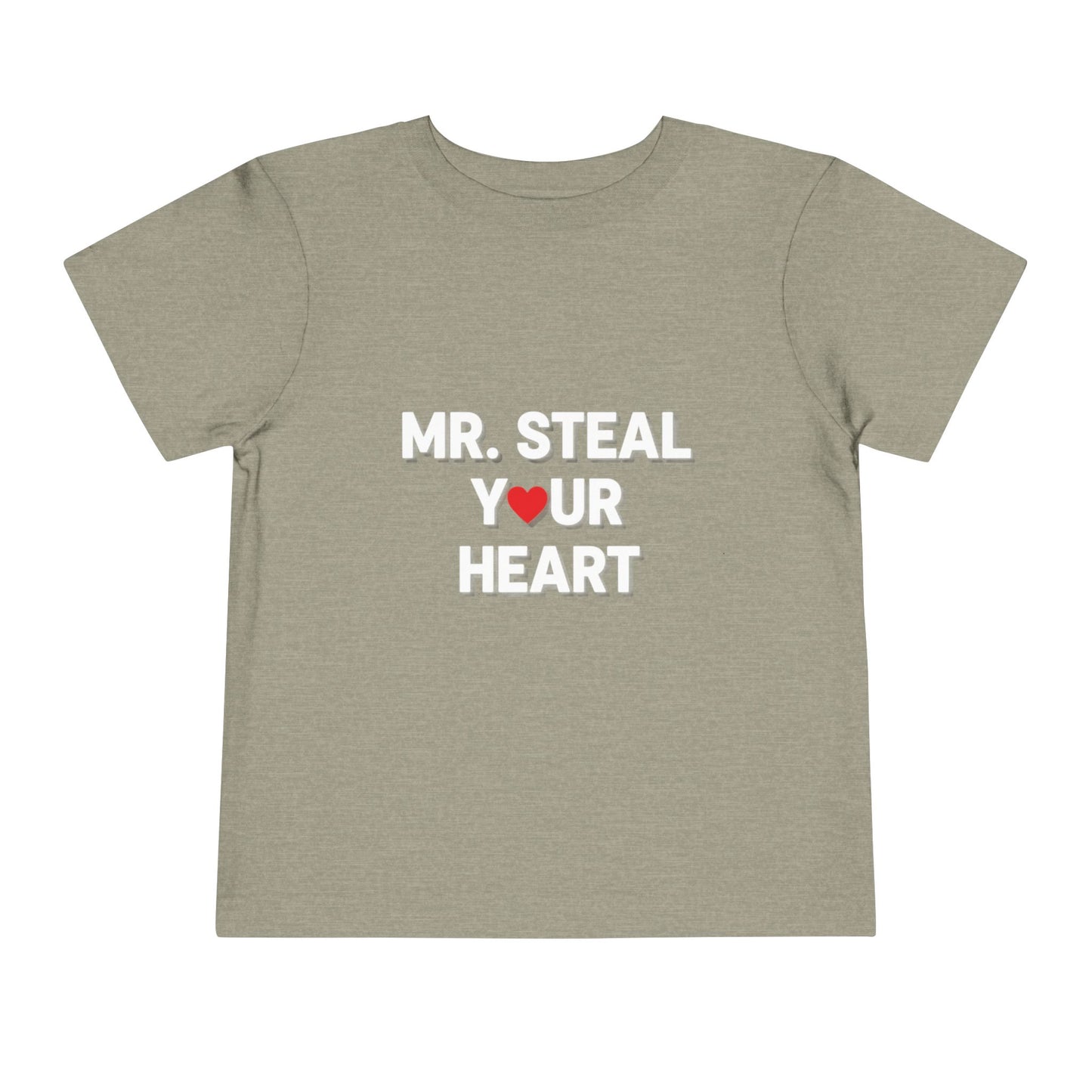 Khaki t-shirt with 'MR. STEAL YOUR HEART' text and red heart on a white background