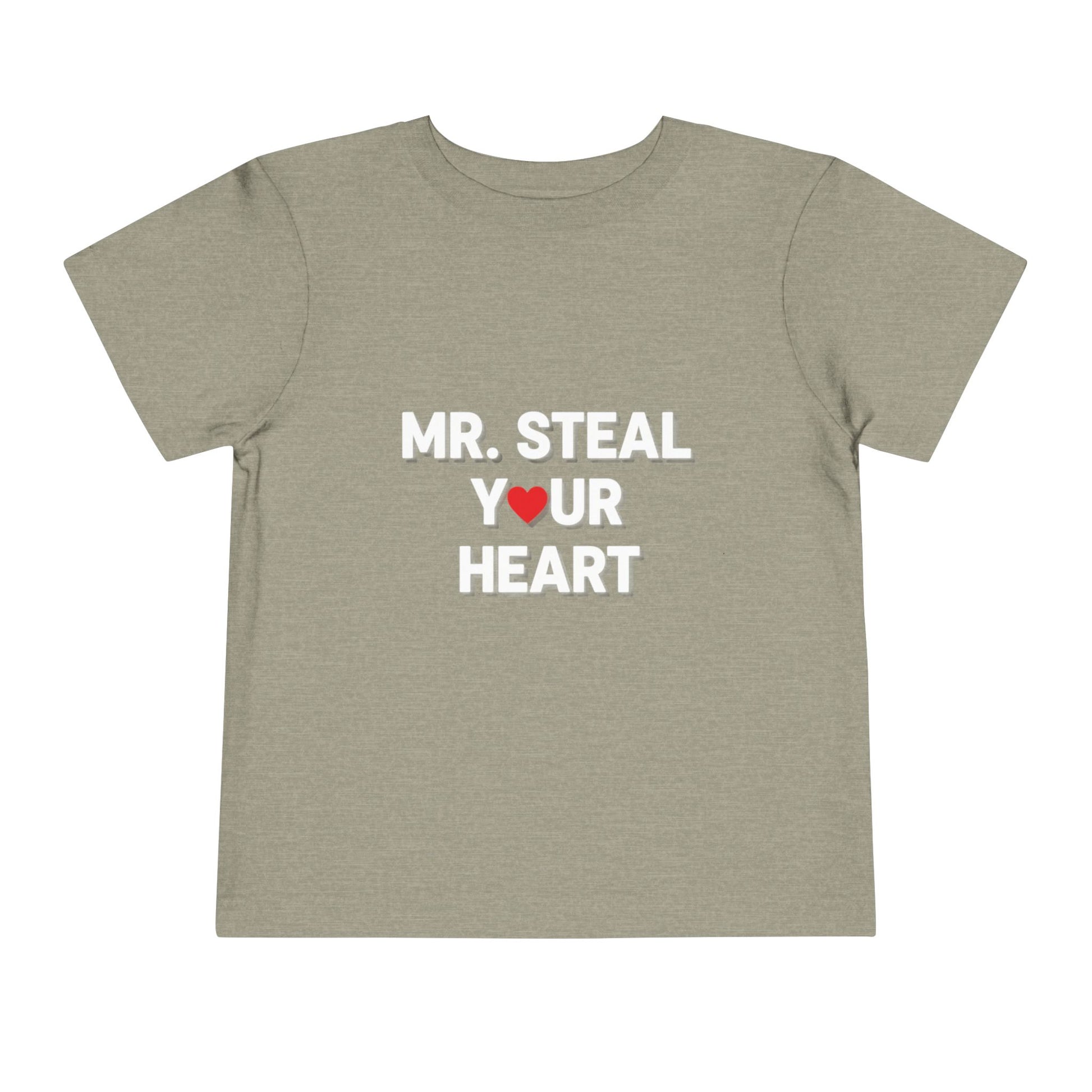 Khaki t-shirt with 'MR. STEAL YOUR HEART' text and red heart on a white background
