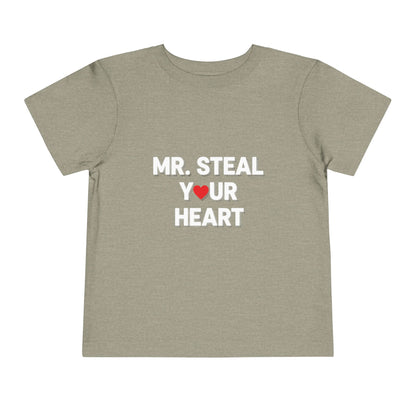 Khaki t-shirt with 'MR. STEAL YOUR HEART' text and red heart on a white background