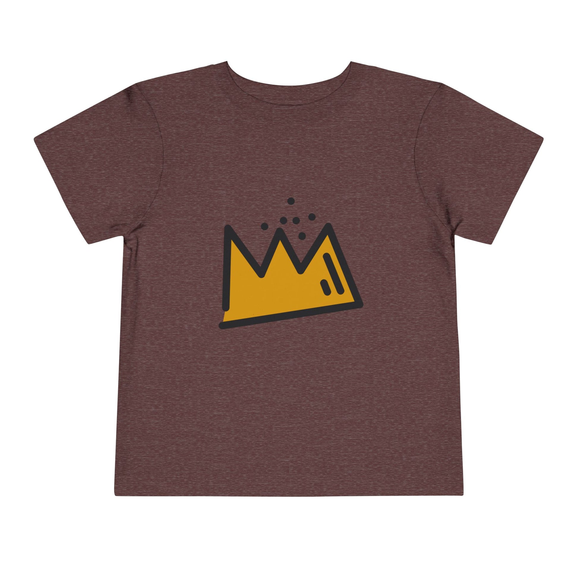 Brown t-shirt with a yellow and black graphic on a white background