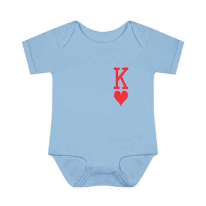 Light blue baby onesie with a red 'K' and heart design on a white background