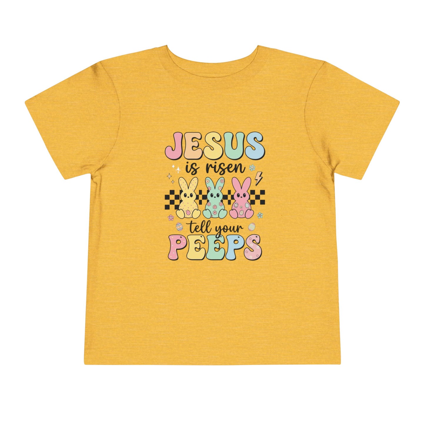 Yellow t-shirt with Easter-themed text and graphics on a white background