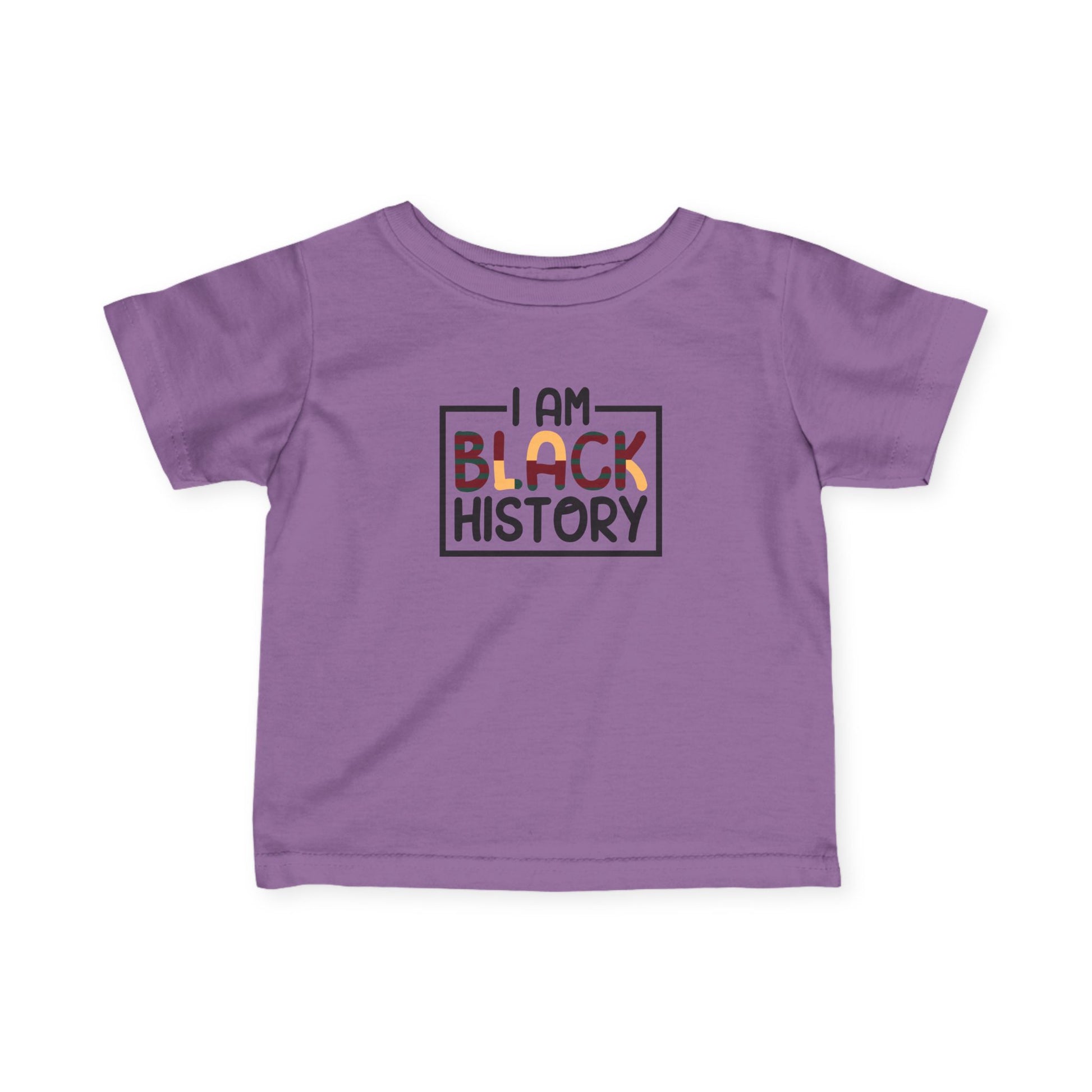 Purple t-shirt with 'I AM BLACK HISTORY' text on a white background