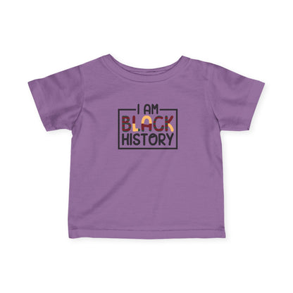 Purple t-shirt with 'I AM BLACK HISTORY' text on a white background