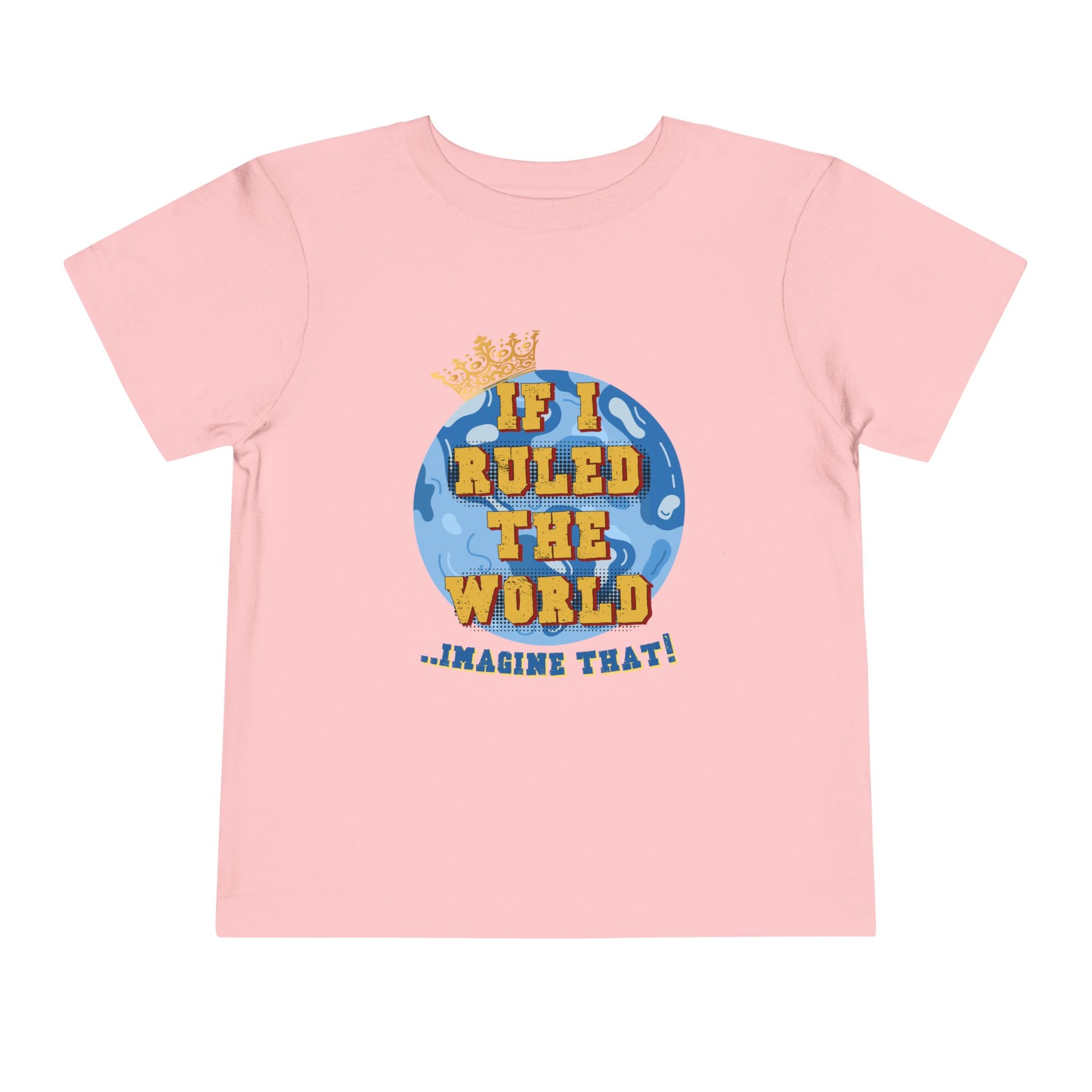 Pink t-shirt with a graphic of a globe and text on a white background