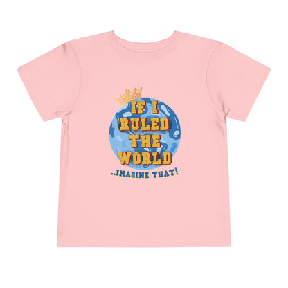 Pink t-shirt with a graphic of a globe and text on a white background
