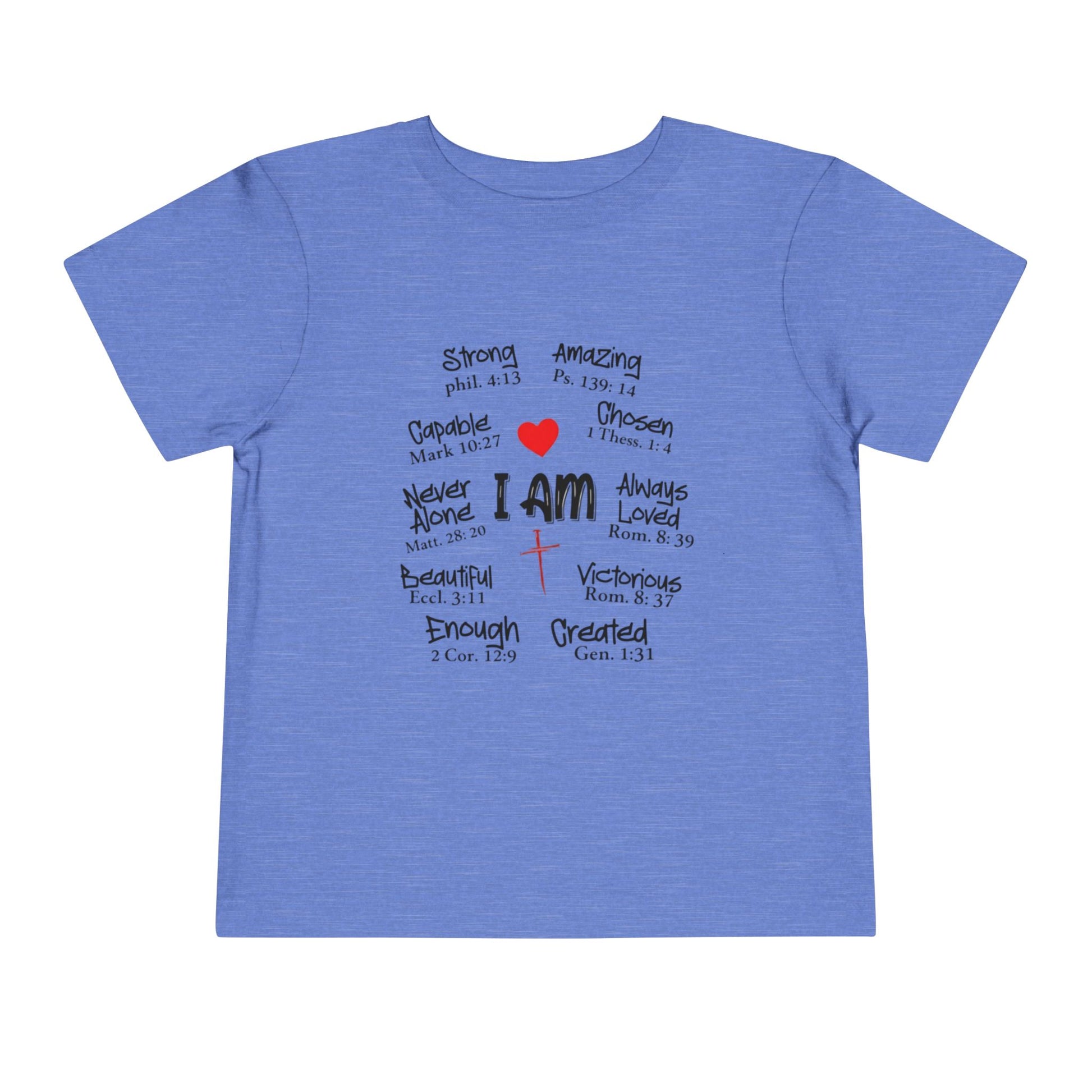 Blue t-shirt with motivational phrases and a red heart on a white background