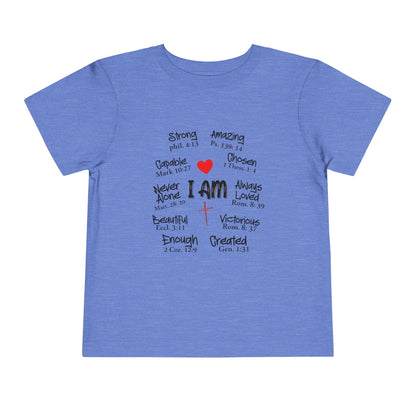 Blue t-shirt with motivational phrases and a red heart on a white background