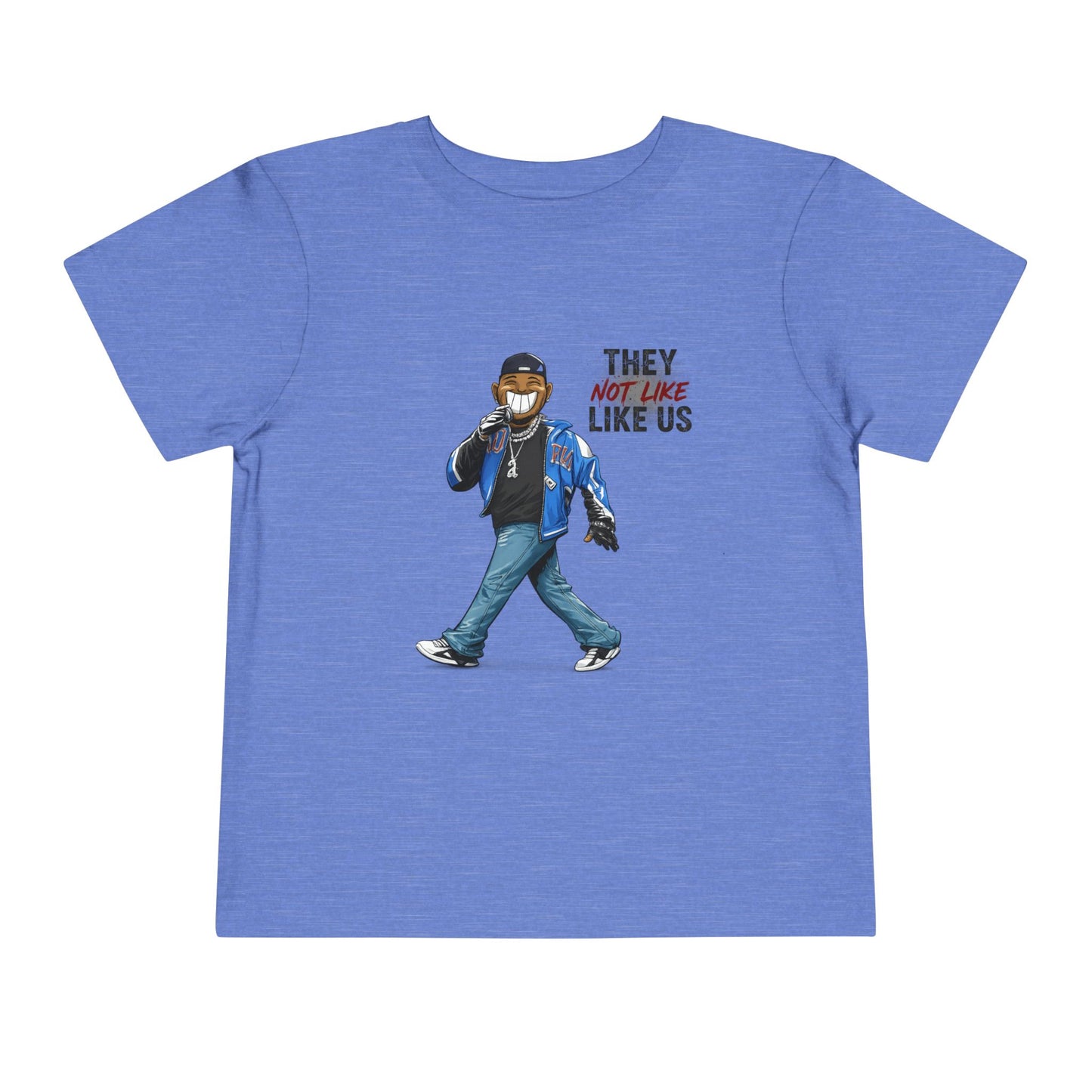 Blue t-shirt with a graphic of a person and text on a white background