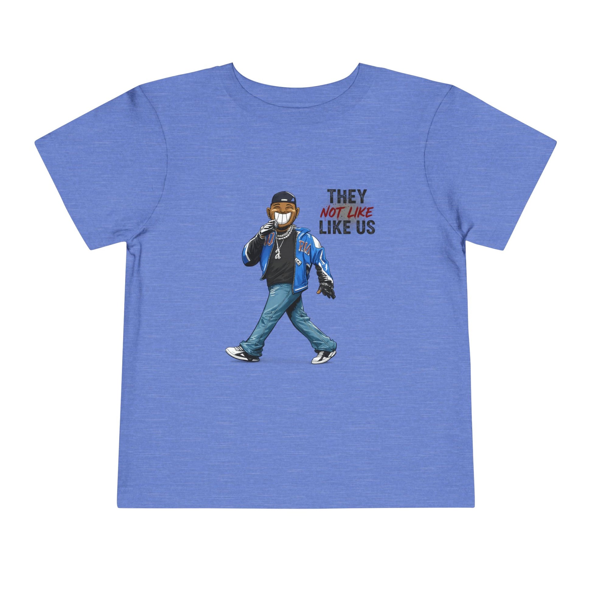 Blue t-shirt with a graphic of a person and text on a white background