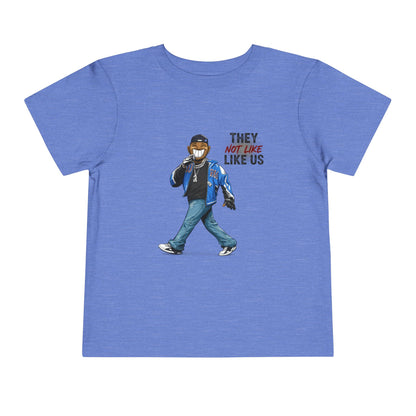 Blue t-shirt with a graphic of a person and text on a white background