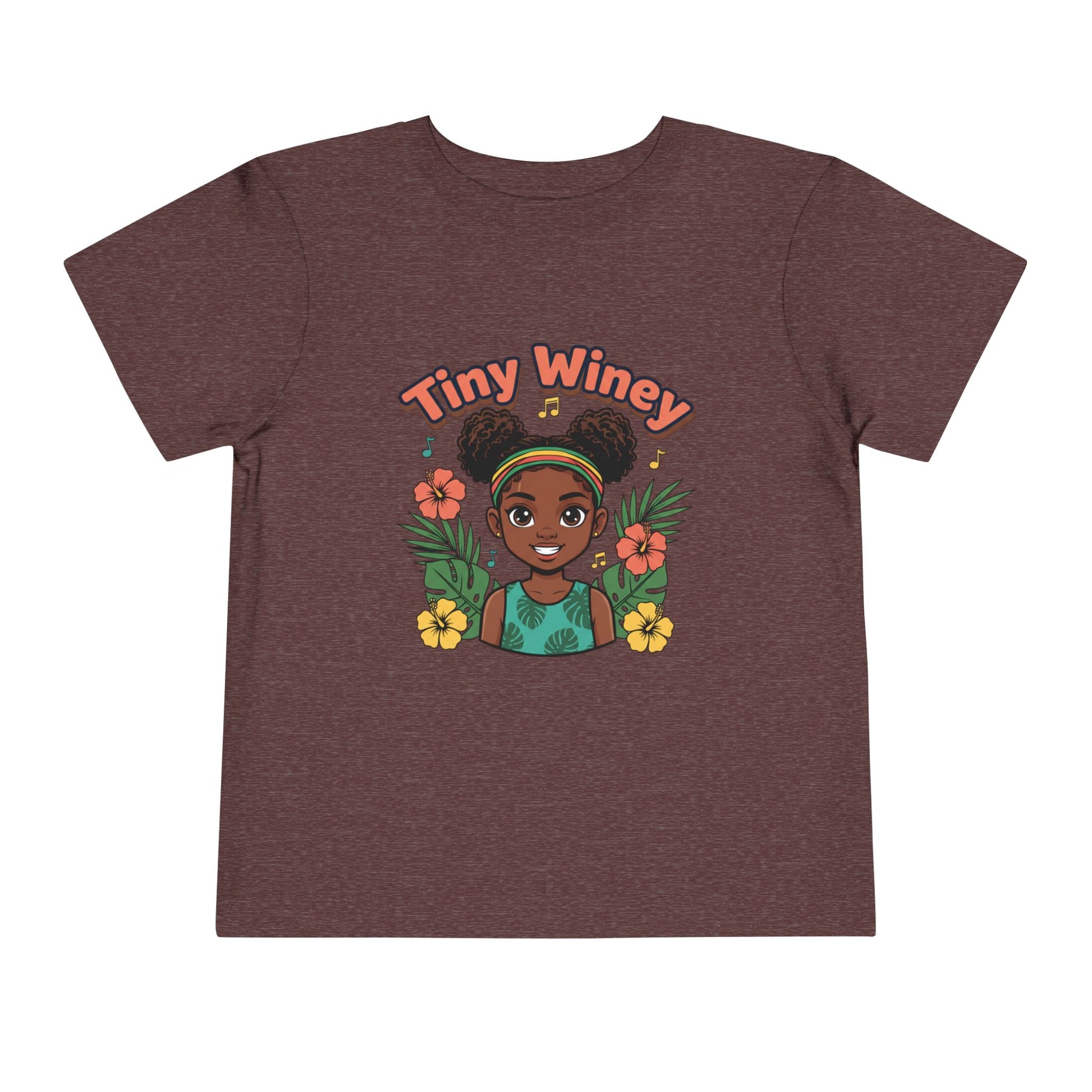 Brown t-shirt with a graphic of a girl and 'Tiny Winey' text on a white background
