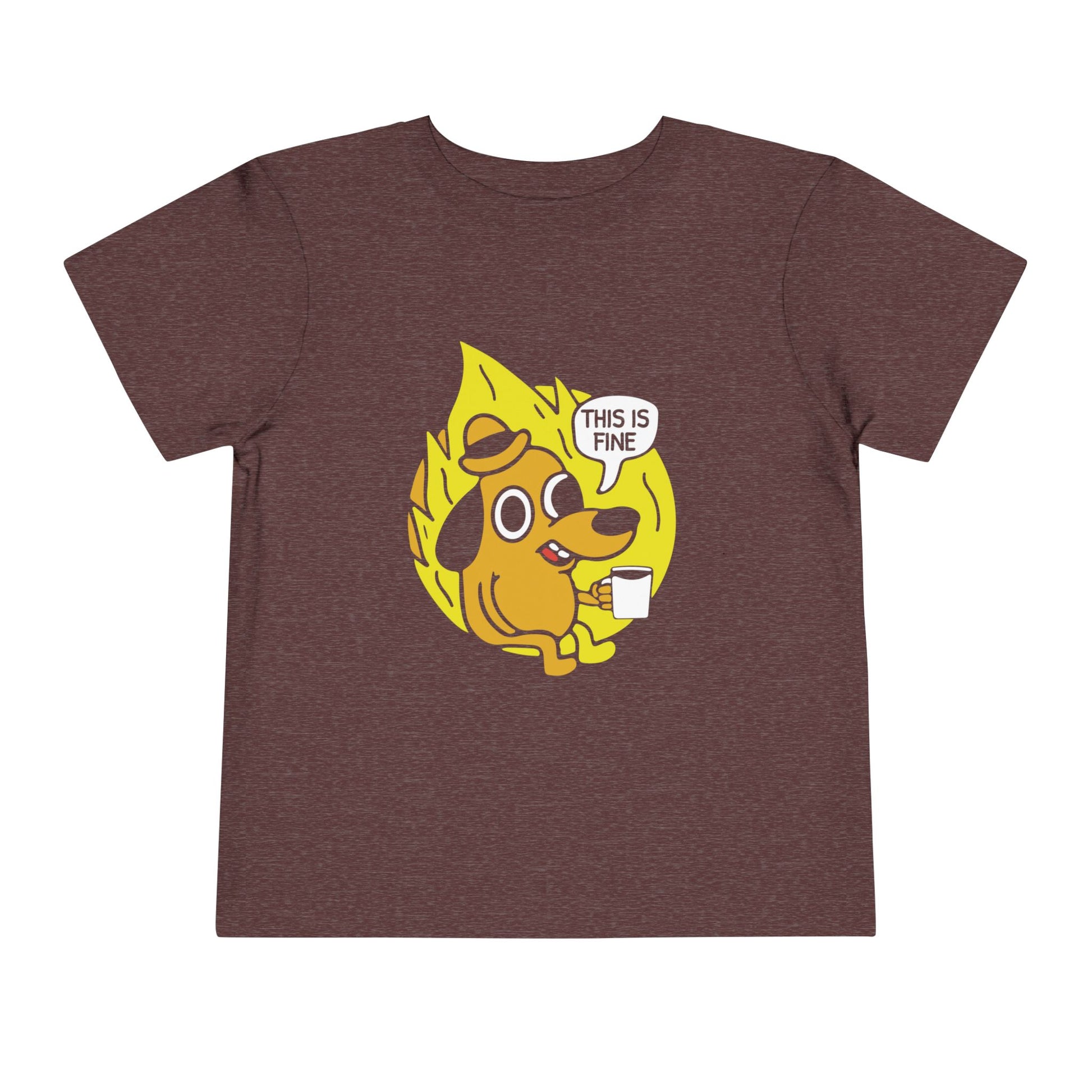 Brown t-shirt with a dog in a flame graphic and 'This is fine' text on a white background