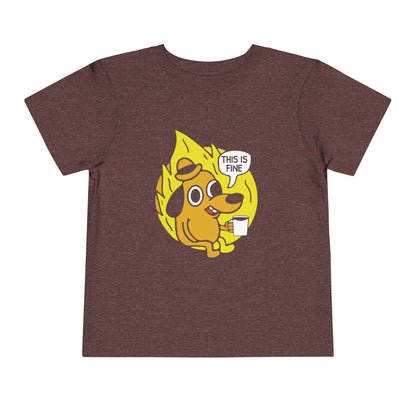 Brown t-shirt with a dog in a flame graphic and 'This is fine' text on a white background