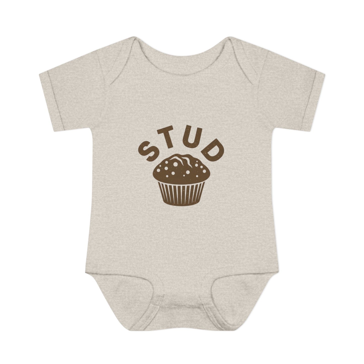 Beige baby onesie with 'STUD' and a muffin graphic on a white background