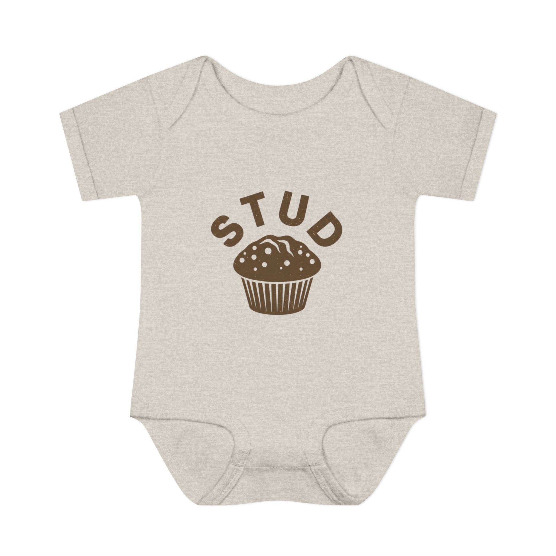 Beige baby onesie with 'STUD' and a muffin graphic on a white background
