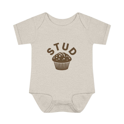 Beige baby onesie with 'STUD' and a muffin graphic on a white background